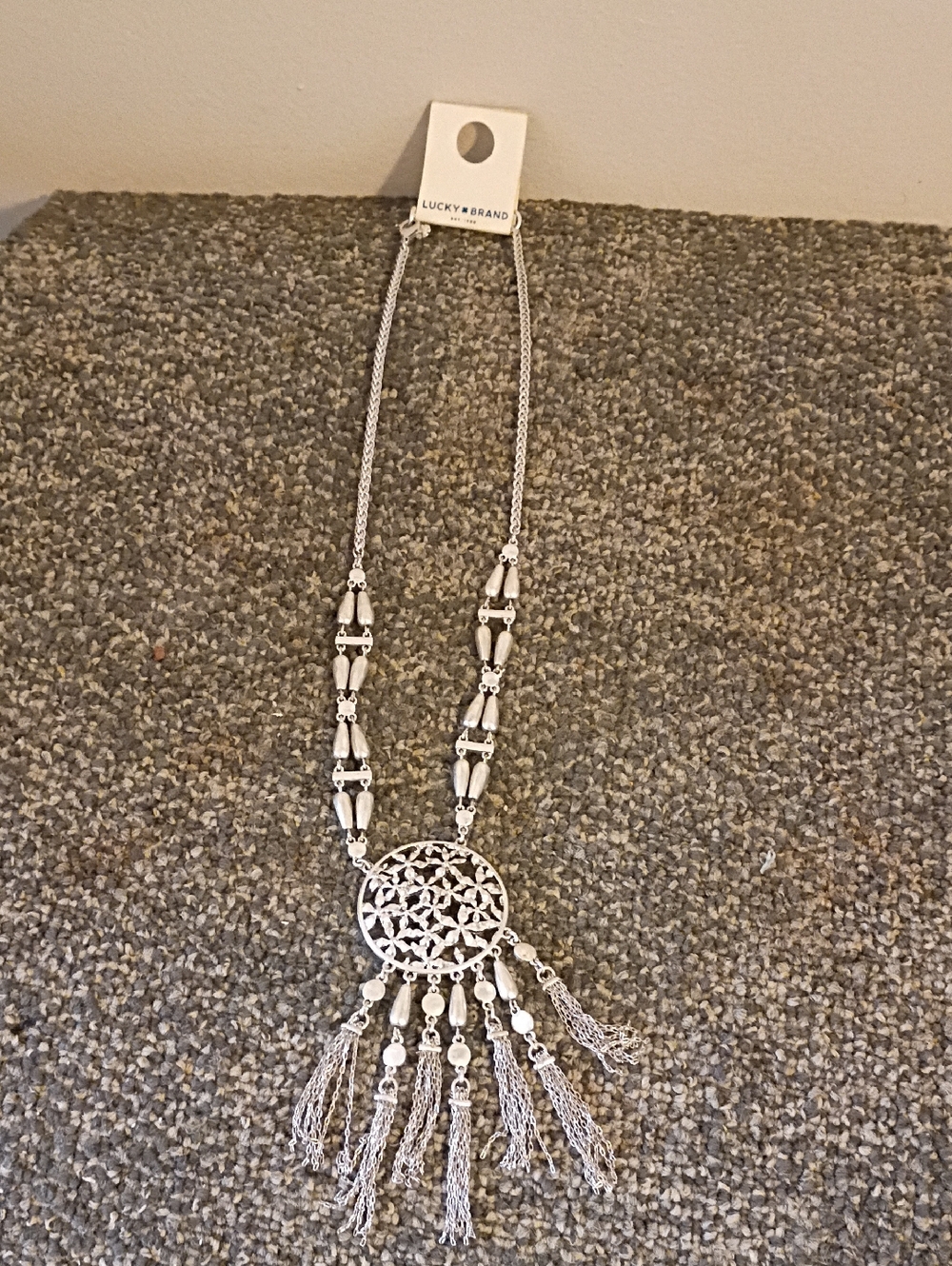 Lucky Brand Silver-Tone Filigree Dreamcatcher Pendant Necklace with Tassels